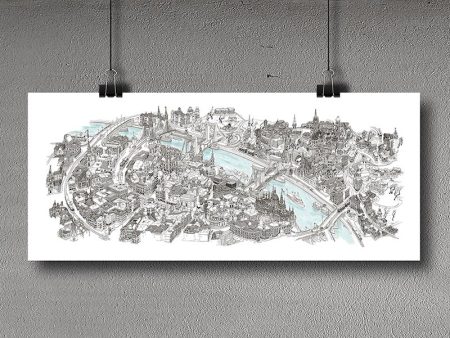 Budapest PANORAMA Art Map - Black and White Cheap